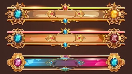 Poster - Border UI button design for fantasy games. A gold metal interface element icon for a rpg. A divider sign label with gem stone hud. A cartoon decorative line badge illustration for apps.