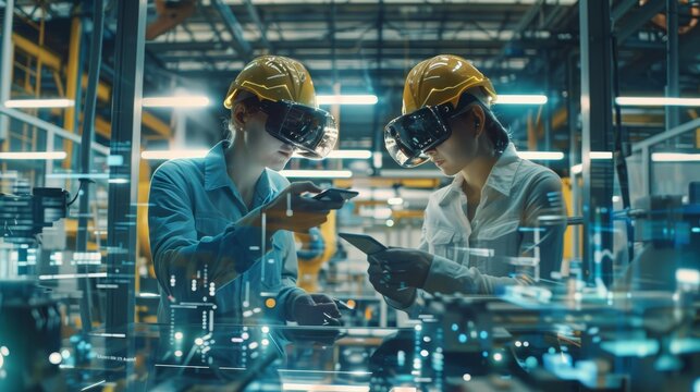 This is a portrait of two professional engineers using an industrial tablet to work with augmented reality. A great template shot for augmented reality. A factory workshop with CNC machines.