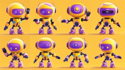 Wall Mural - Set of cute futuristic AI robot cartoon characters. Modern artificial intelligence and friendly companion in yellow and purple. Smart chatbot mechanism waving.
