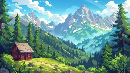 Wall Mural - An ambient modern of a summer landscape with a wooden hut on tilts in the woods near mountains. A rocky hill in the distance and a lush forest surrounding the house. Modern of a summer landscape with