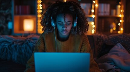 Poster - She's browsing educational research online. Studying science school homework concept on a laptop in a dark, cozy room at home.