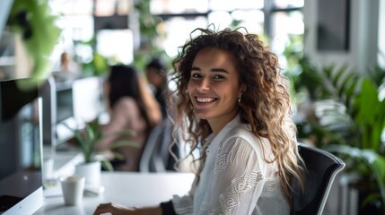 Poster - Happy Businesswoman Using Computer in Modern Office. Beautiful Stylish Manager Smiling, Working on Commercial, Financial, and Marketing Projects. Specialist in Diverse Team.