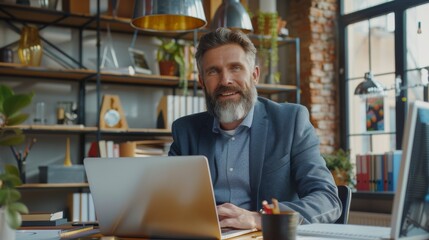 Wall Mural - Businessman working on his Laptop at an office desk. Smiling corporate worker. Multi-ethnic workplace with happy workers. Front view.