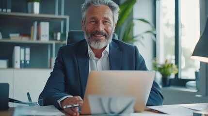 Poster - Modern Office: Successful middle-aged bearded businessman working on a laptop at his desk. Smiling employee. Multi-ethnic workplace. Front view shot.