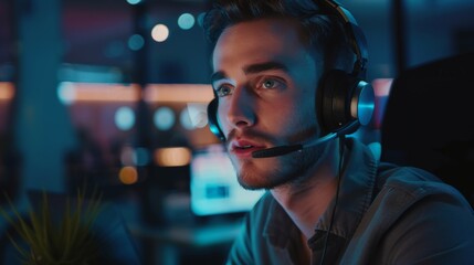 Poster - In a modern open-plan office at night, a young Caucasian male call center worker wears a telephone headset and talks on the support line seriously.