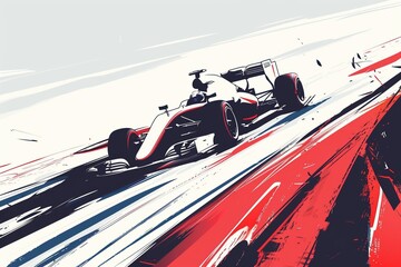 A minimalist F1 race car poster featuring sharp geometric shapes and flat colors. The car, rendered in intricate detail, dominates the composition with red and white stripes creating a dynamic backgro