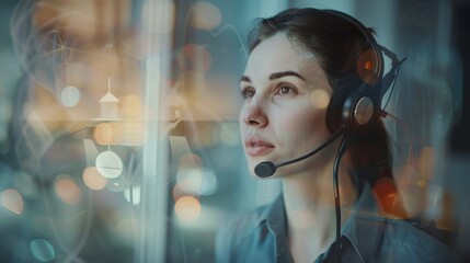 Poster - A businesswoman wearing a headset provides service on a video conference call to support a remote customer. Call center, telemarketing, and customer service agents are present in the office.