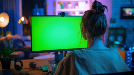 Poster - Working from home at a desktop computer with a green screen chromakey display. A woman is browsing the internet on a PC, looking at a monitor, looking at the desktop monitor.