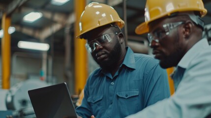 Poster - hard hats worn by professional heavy industry employees at a factory. a black engineer and an asian 
