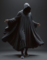 arafed hooded man in black cloak and sneakers posing for a picture
