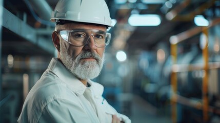 Poster - An old, successful male engineer in white hardhat and safety glasses walking through an electronics manufacturing factory. Heavy industry specialist posing for the camera. Low angle shot.