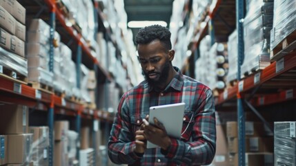 Poster - An employee checks inventory while writing on a tablet computer. He works in a warehouse storeroom with shelves filled with packages ready for shipment.