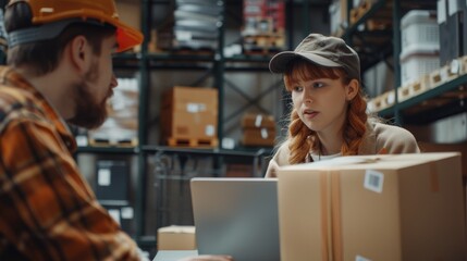 Poster - The female inventory manager shows information on a laptop computer to a worker holding a cardboard box. There is a stock of parcels with products ready for shipment in the background.