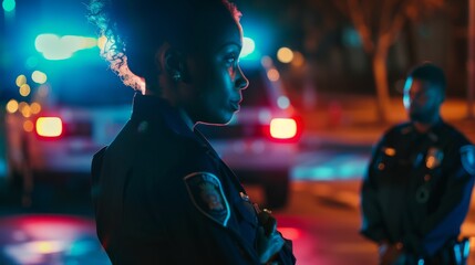 A police officer briefs an inspector on evidence found near the victim's body as a detective arrives at the crime scene at night. Forensic experts and police work together to investigate.