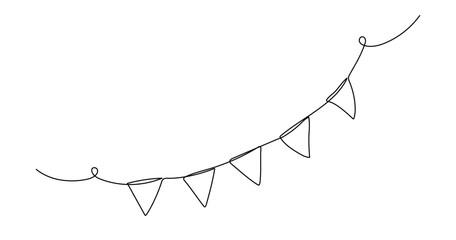 One line flags garland. Celebration party hand drawn elements. Vector continuous outline isolated illustration