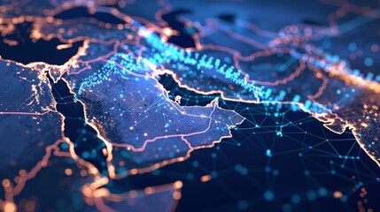 Depicting an abstract map of Saudi Arabia, Middle East, and North Africa, this concept emphasizes global network connectivity, data transfer, and cyber technology, facilitating robust 