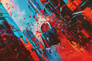 Poster - a dynamic digital illustration featuring a shattering padlock amidst vibrant red and blue abstract c