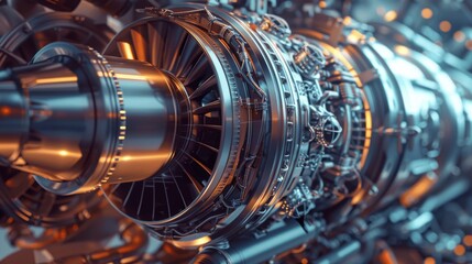 Poster - A futuristic Turbine Engine with Multiple Fans, Wires, and Connectors. A Jet Engine with Stylish Contemporary Design with Silver Technological Finish. In the Development Stage at a Research Lab.
