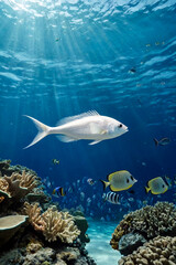 Wall Mural - White fish swimming in blue ocean water tropical under water. Scuba diving adventure in Maldives. Fishes in underwater wild animal world. Observation of wildlife Indian ocean. Copy text space