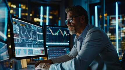 Investor working on a desktop computer with real-time stock information, commodities, and exchange market charts. Professional investor communicating with business partners online.