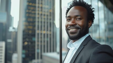 Poster - Black Businessman Posing Next to Window in Big City Office with Skyscrapers. Smiling Male CEO Looking At Camera. Successful Business Manager At Work.