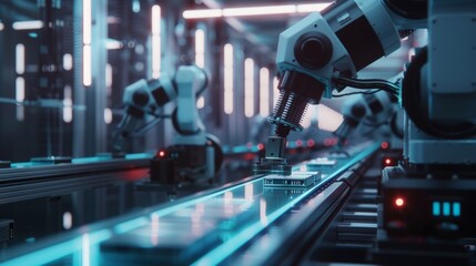 Poster - 3D Model Of Electronics Components Manufacture: Automated Robotic Arm Assembly Line with Robots Producing Advanced High-Tech Sustainable Parts in Futuristic Facility.