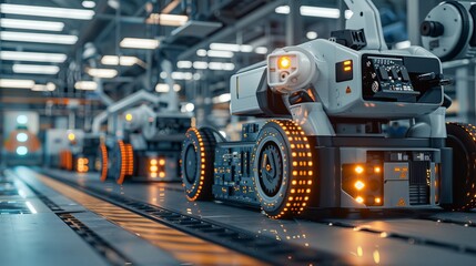 Poster - This 3D rendering shows automated transportation vehicles transporting electrical components, circuit boards, and microchips. A separate facility produces high-quality, accurate equipment with