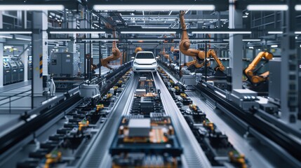 Poster - The 3D rendering shows a separate facility with an assembly line for the production of high-quality, precise equipment with robot arms.
