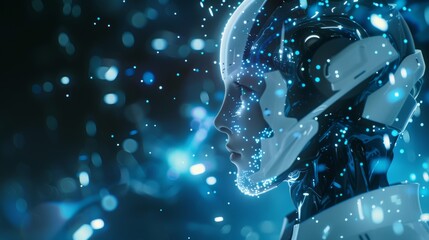 Poster - Humanoid robot activates Web 3.0 virtual interface. Three-dimensional rendering of humanoid using cloud computing, neural big data analysis, and machine learning technology automation.