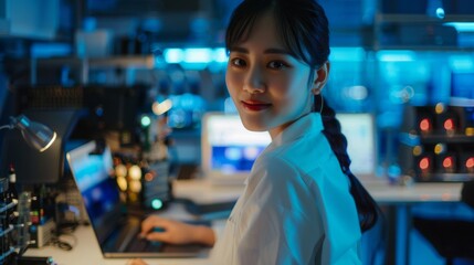Poster - Smiling and gazing at camera, young Japanese woman uses a laptop computer for on-line research, monitoring AI systems.