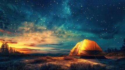 Modern Tent camping mountain under starry sky with milky way View of the serene landscape