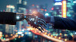 © torjrtrx - Businessman and robot AI artificial intelligence shaking hands, Dynamic relationship between human and AI innovation.