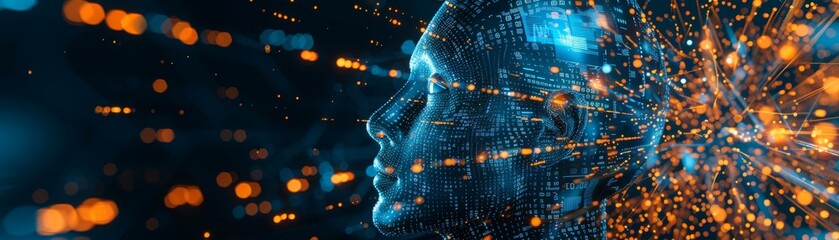 Poster - An abstract digital human face. A concept of big data or cyber security presented in 3D form.