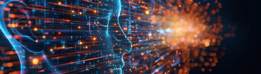 Poster - Digital human face with artificial intelligence concept for big data or cyber security. Illustration in 3D.