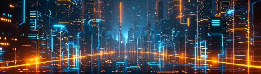 Poster - An abstract digital high tech city design for banner background. Modern illustration of urban architecture, cityscape with space and neon light effects. Science and futuristic technology concept.