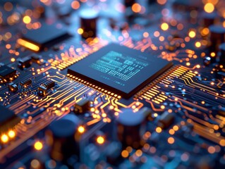 The image shows a close-up of a computer chip with glowing lights.