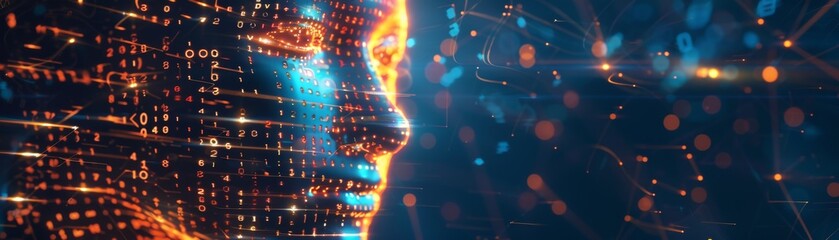 Poster - Artificial intelligence concept of big data or cyber security. 3D rendering of an abstract digital human face.