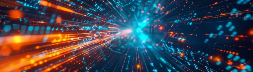 Poster - In the future, a fiber optic glowing beam spreads in the digital space. The data transmission in the digital space is a blue color. A 3D animation depicts the blue digitalization process.