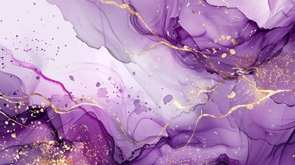 Wall Mural - Watercolor liquid background with gold glitter splash. Abstract stylish fluid art amethyst backdrop in pastel colors.