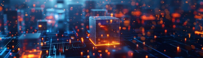 Poster - An animated 3D rendering of a glow blue digital landscape with a cube particle. Crypto currency, big data, blockchain technology and digital technology concept.