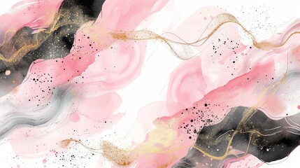 Wall Mural - This illustration template features an abstract blush pink liquid watercolor background with golden glitter stains and lines. Rose marble alcohol ink drawing effect with gold foil. Modern
