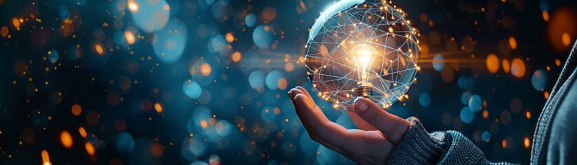 Poster - Business Global Internet Connection Application Technology, Financial and Banking, Digital Link tech, Big Data, Women Hand Holding Light Bulb Global Internet Connection. Business Global Internet