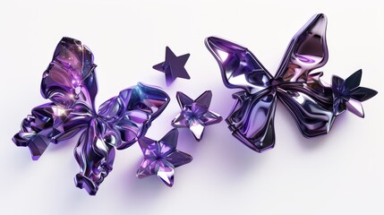 Poster - 3d rendering violet aluminum gradient shape design element isolated on white. Purple chrome metal shapes - butterflies and stars.
