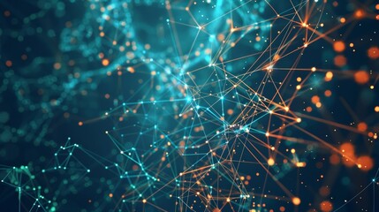 Background with a cyber network grid and connected particles. Synthetic neurons, global data connections - generational artificial intelligence