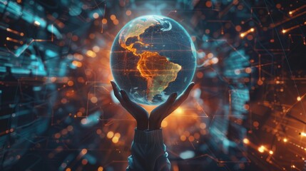 Businesswoman holding a globe hologram in her hands. Concept of global business, international financial network connections, and world trade - Stock AI