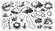 © Антон Сальников - Ink doodle elements, crown, emphasis arrow, speech bubble, scribble. Handdrawn cute cartoon pencil sketches of decorative icons. Modern illustration of cloud, highlight, explosion, sun.