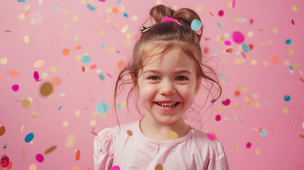 Wall Mural - Cute little girl smiling in the birthday party with flying confetti