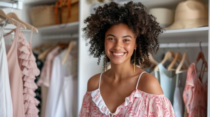 A woman with curly hair is smiling in front of a closet full of clothes