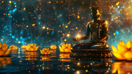 The gold Buddha statue on a dark background with yellow lotus flowers. Yoga, meditation, and relaxation are also shown on the background