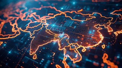 Wall Mural - Map of China and India on the internet, concept of Chinese global network and connectivity, high speed data transfer and cyber technology, and information exchange and telecommunication